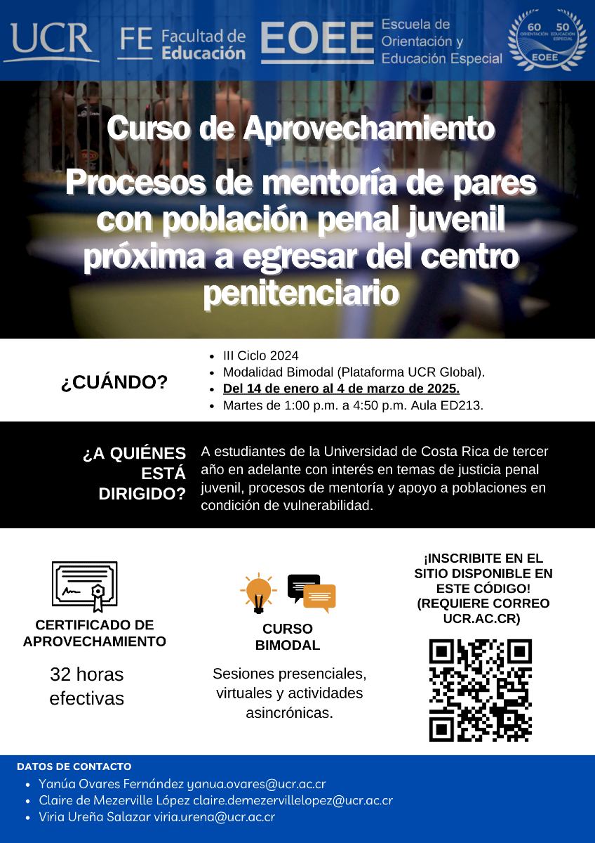 Curso de Aprovechamiento en Verano: Procesos de mentoría de pares con población penal juvenil próxima a egresar del centro penitenciario